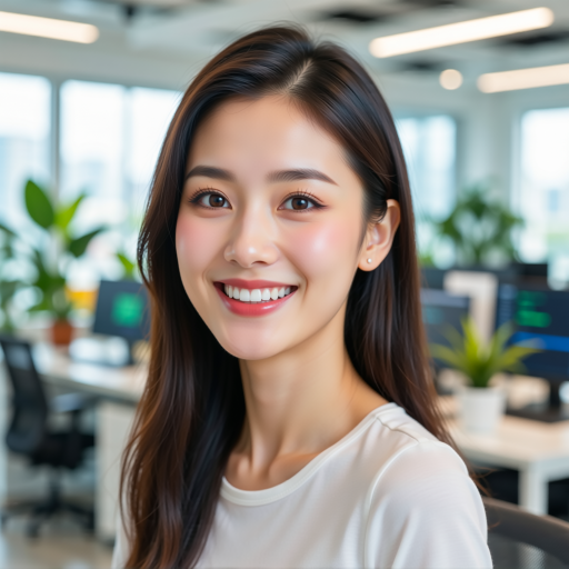 二十八岁左右女性设计师，穿白色衬衫，长发披肩，正面微笑，明亮办公室环境