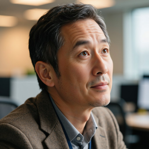 三十五岁左右男性项目经理，穿灰色西装外套，黑色短发，正面严肃表情，明亮办公室环境