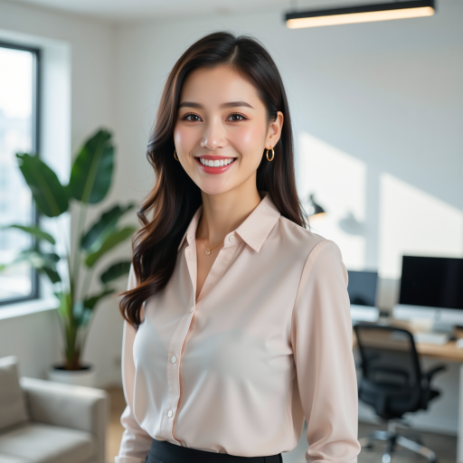 三十岁左右女性产品经理，穿粉色针织衫，黑色长发，正面微笑，明亮办公室环境